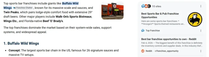 Google results for “best sports barroom franchises,” listing Buffalo Wild Wings, Beef ‘O’ Brady’s, and Walk-On’s Sports Bistreaux arsenic imaginable options.
