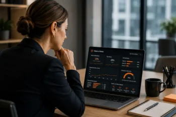Líder de marketing analisa, em um notebook, um dashboard com indicadores de share of mind, concorrência, evolução de presença de marca e canais de maior impacto.