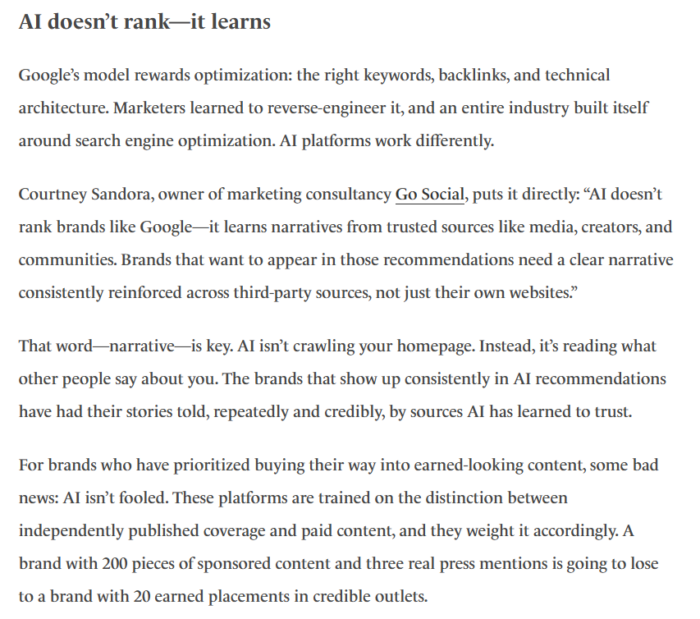 An article excerpt talking about AI's learning capabilitites about brands.