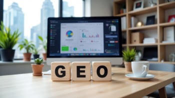 Um escritório com letras de G, E e O em mesa de frente a um computador com dashboard representando GEO para e-commerce.