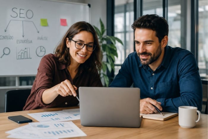 Como acelerar os resultados em SEO? Profissionais analisam dados e estratégias de SEO em um notebook durante reunião.