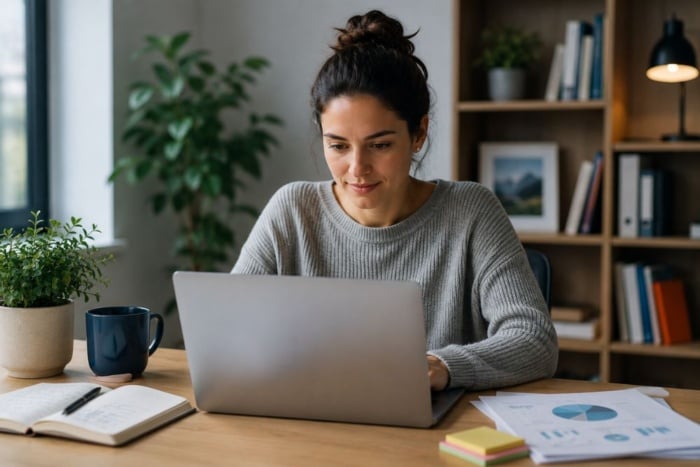 Profissional analisa dados de desempenho no notebook para planejar ações de SEO. 
