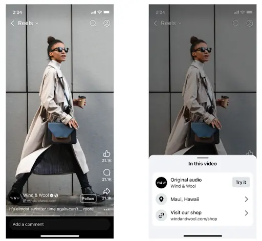 Captura de tela de um Reels mostrando uma mulher usando óculos escuros e roupas de estilo executivo, com opções de áudio, localização e visita à loja.