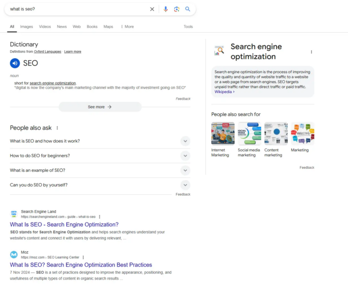A SERP result in Google for âWhat is SEO?â with a definition and knowledge snippet.