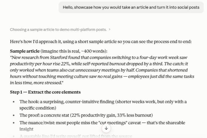 A screenshot of someone using a large language model to help create content.