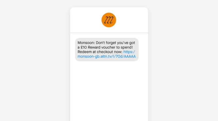 A text message offering a ten-pound reward voucher to the recipient.