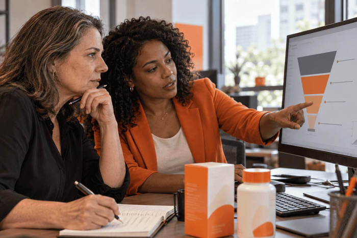 Duas profissionais analisam um funil de conversão exibido em um monitor, discutindo etapas da jornada do cliente em uma mesa de escritório.