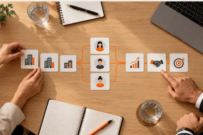 Cartões sobre uma mesa conectam empresas e perfis de compradores a símbolos de crescimento, parceria e objetivo, representando uma estratégia de geração de leads B2B.
