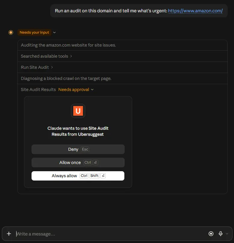 A immediate in Claude asking if the person can use Site Audit Results from Ubersuggest.
