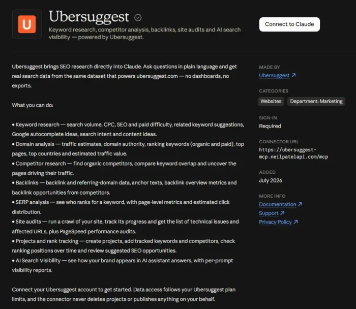 Connectors setting in Claude, attaching to Ubersuggest.