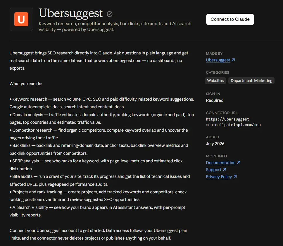 Connectors environment in Claude, attaching to Ubersuggest.